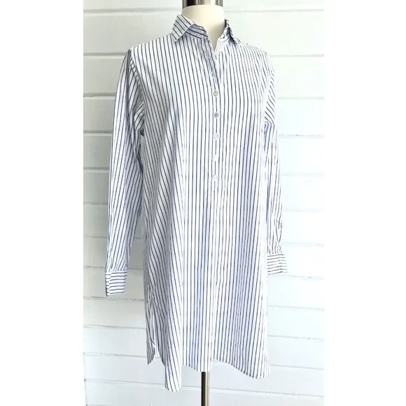 FLATS by JAN NIEMI Crisp Cotton Poplin Blue Striped Pop Over Shirtdress Tunic- M