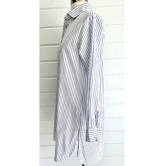 FLATS by JAN NIEMI Crisp Cotton Poplin Blue Striped Pop Over Shirtdress Tunic- M