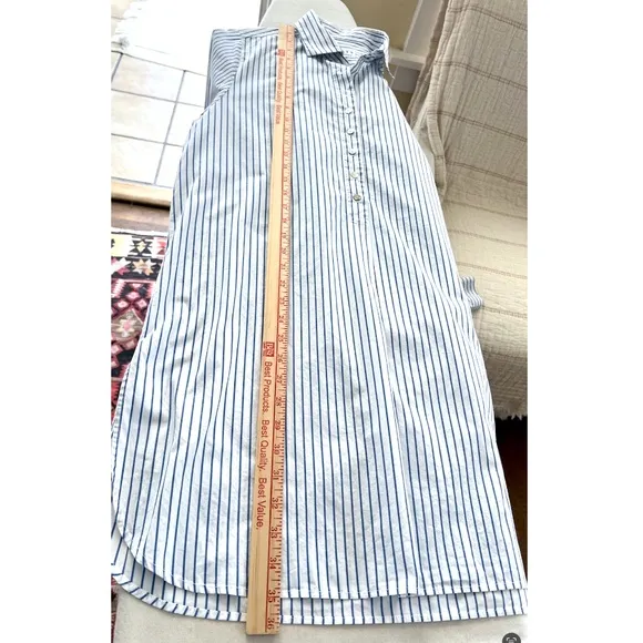 FLATS by JAN NIEMI Crisp Cotton Poplin Blue Striped Pop Over Shirtdress Tunic- M