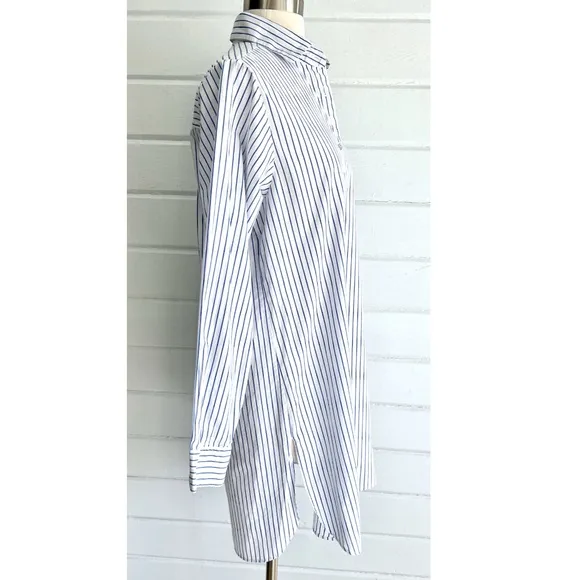 FLATS by JAN NIEMI Crisp Cotton Poplin Blue Striped Pop Over Shirtdress Tunic- M
