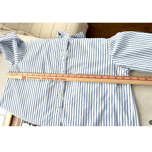 FLATS by JAN NIEMI Crisp Cotton Poplin Blue Striped Pop Over Shirtdress Tunic- M