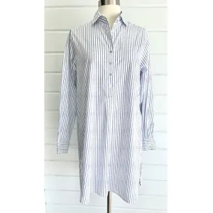 FLATS by JAN NIEMI Crisp Cotton Poplin Blue Striped Pop Over Shirtdress Tunic- M