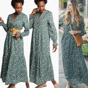 Floral Green Maxi Dress cotton Tiered Jane prairiecore Boho Bohemian ABLE