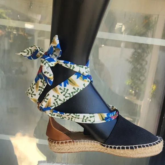 Floral Ribbon Espadrilles - Black and Brown