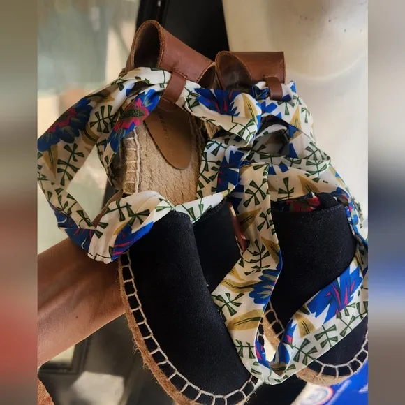Floral Ribbon Espadrilles - Black and Brown