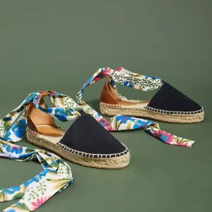 Floral Ribbon Espadrilles - Black and Brown