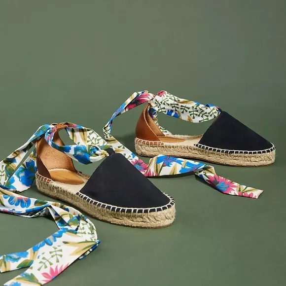 Floral Ribbon Espadrilles - Black and Brown