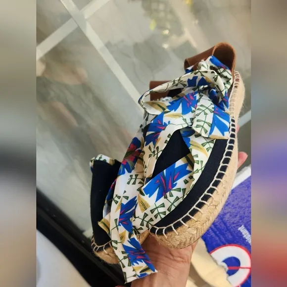 Floral Ribbon Espadrilles - Black and Brown