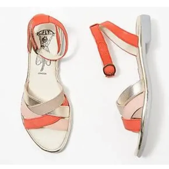 Fly London Cune Leather Flat Ankle Multi Strap Sandals Size 7 1/2