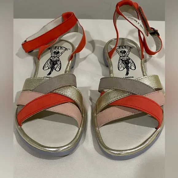 Fly London Cune Leather Flat Ankle Multi Strap Sandals Size 7 1/2