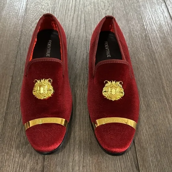 Foevtrue Velvet Gold Buckle Fashion Handmade Loafers Wine