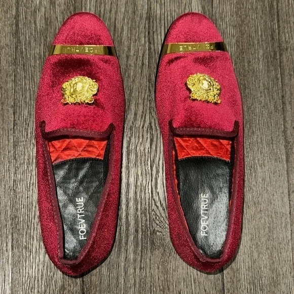Foevtrue Velvet Gold Buckle Fashion Handmade Loafers Wine