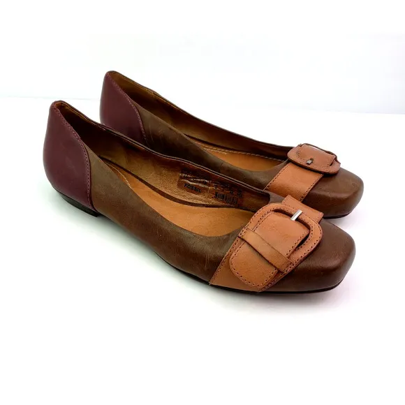 Fossil Womens Sz 9 Brown Red Leather SlipOn Buckle Ballet Flats Shoes FFW0017210