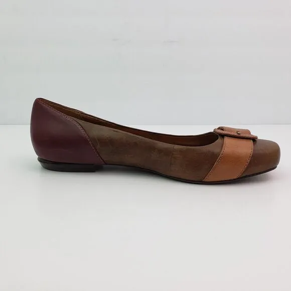Fossil Womens Sz 9 Brown Red Leather SlipOn Buckle Ballet Flats Shoes FFW0017210