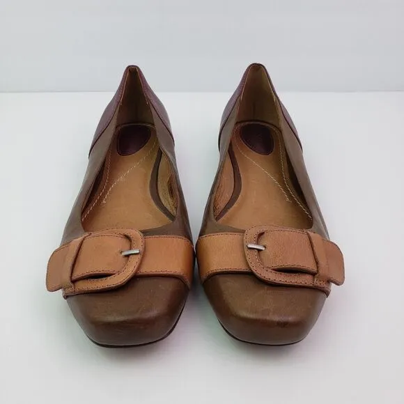 Fossil Womens Sz 9 Brown Red Leather SlipOn Buckle Ballet Flats Shoes FFW0017210