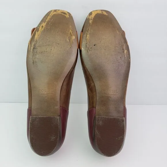 Fossil Womens Sz 9 Brown Red Leather SlipOn Buckle Ballet Flats Shoes FFW0017210