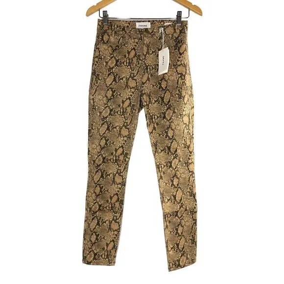 Frame Le High Jeans Coated Python High Rise Skinny Fit Crop Brown Tan NWT 25
