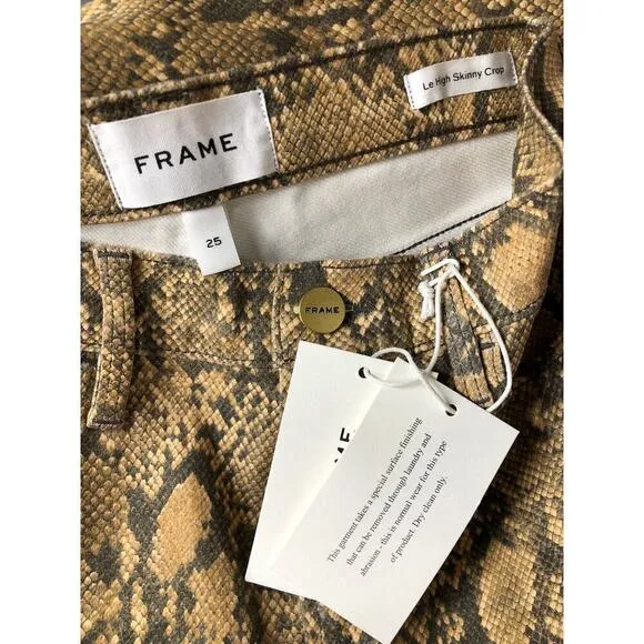 Frame Le High Jeans Coated Python High Rise Skinny Fit Crop Brown Tan NWT 25