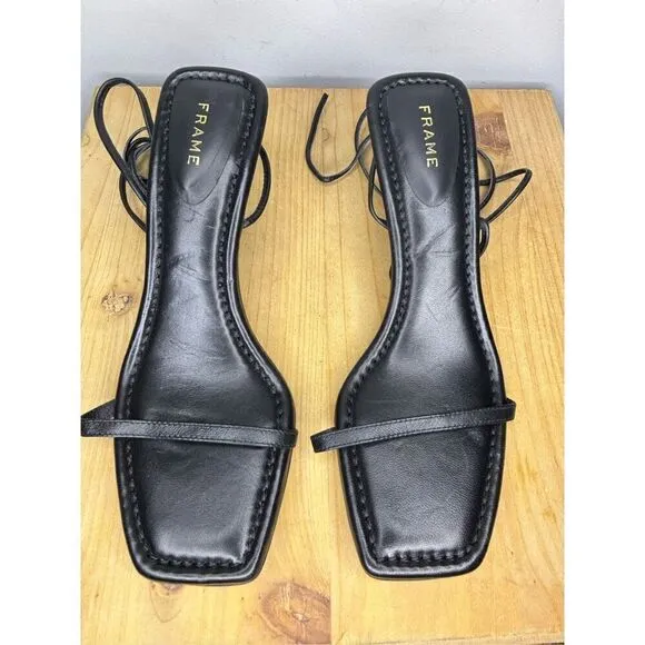 Frame Women's Le Ozzie Leather Square Toe Kitten Heel Sandals Black Size 6.5
