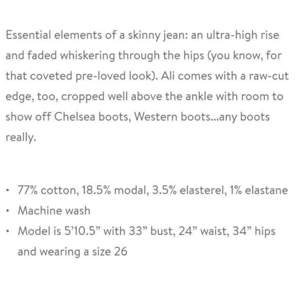 Frame Ali High Rise Skinny Cigarette Raw Jeans 26