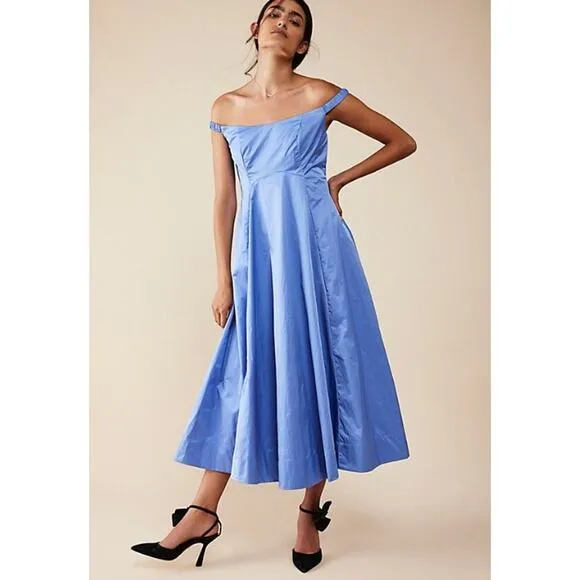 Free People Alinda Dress Ruched Off The Shoulder Fit and Flare Midi Size 2 NWOT