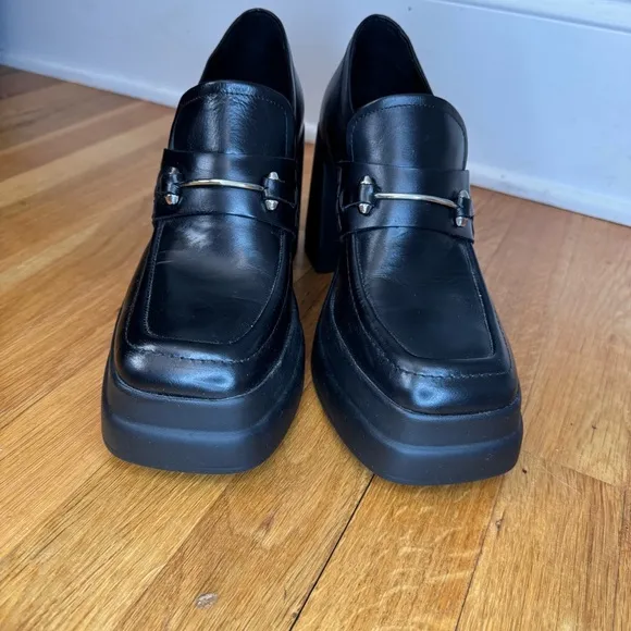 Free People Double‎ Stack Platform Black Leather Horsebit Loafers. Women’s  10
