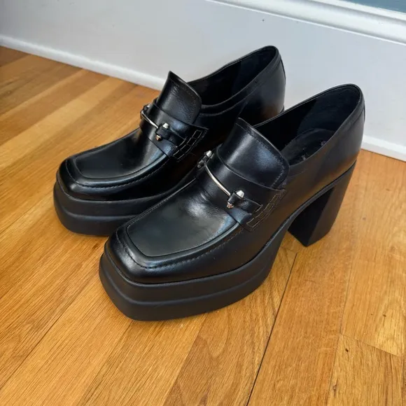 Free People Double‎ Stack Platform Black Leather Horsebit Loafers. Women’s  10