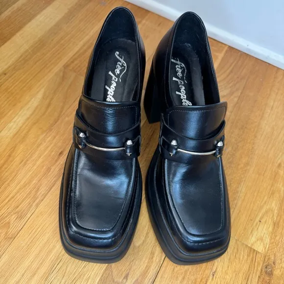 Free People Double‎ Stack Platform Black Leather Horsebit Loafers. Women’s  10