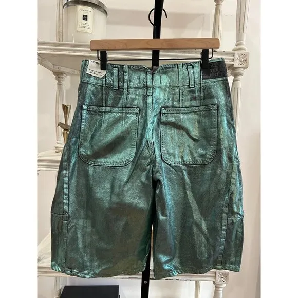 Free People Extreme Measures Low Rise Metallic Barrel Short Kryptonite Size 27