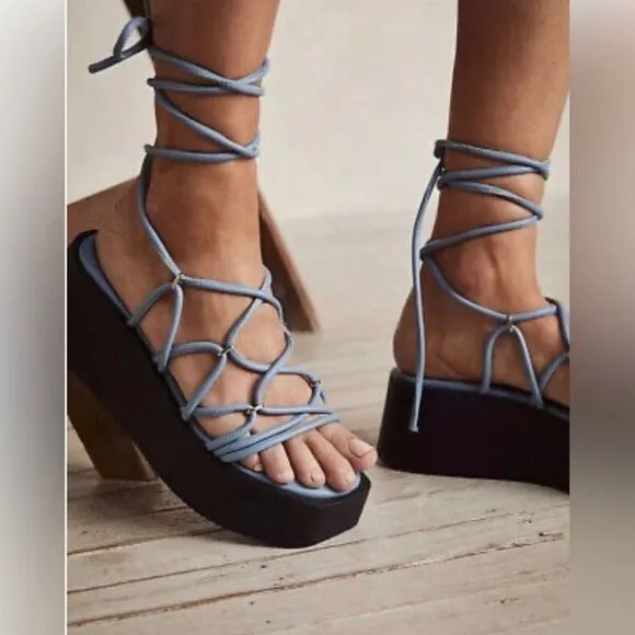 Free People Georgie Blue Wrap Gladiator Platform Open Toe Wedge Sandals Size 9
