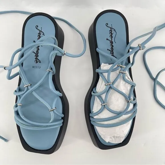 Free People Georgie Blue Wrap Gladiator Platform Open Toe Wedge Sandals Size 9