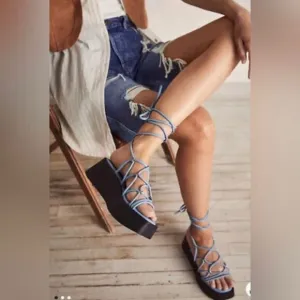 Free People Georgie Blue Wrap Gladiator Platform Open Toe Wedge Sandals Size 9