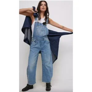 Free People Good Luck Barrel Overalls in Blue Denim Size Large Denim Utility