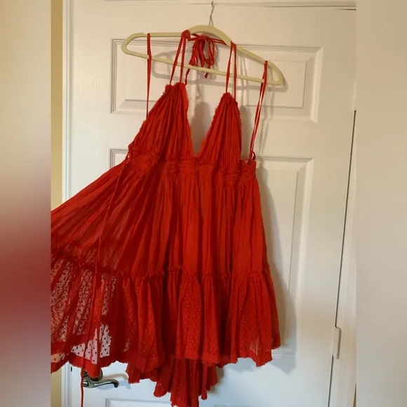 Free People Gorgeous Bohemian Flirty FlowyBabydoll Tiered Mini Dress, Red (NWT)