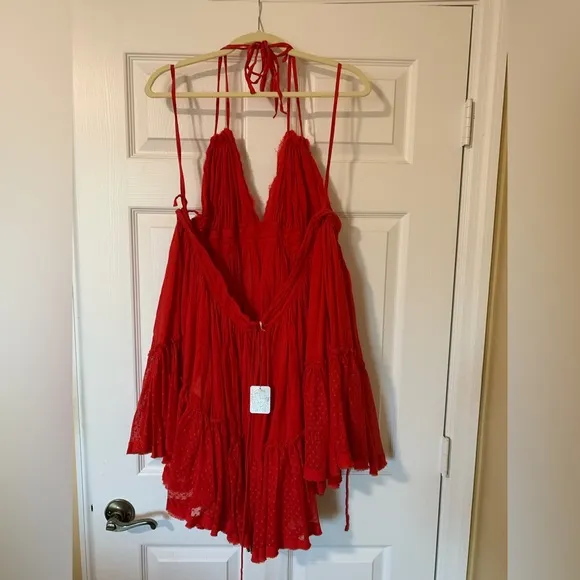 Free People Gorgeous Bohemian Flirty FlowyBabydoll Tiered Mini Dress, Red (NWT)