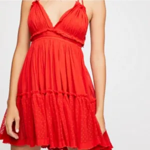 Free People Gorgeous Bohemian Flirty FlowyBabydoll Tiered Mini Dress, Red (NWT)