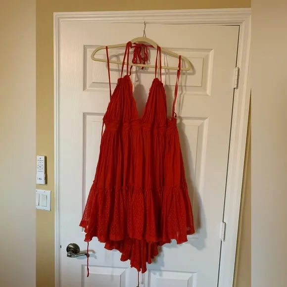 Free People Gorgeous Bohemian Flirty FlowyBabydoll Tiered Mini Dress, Red (NWT)
