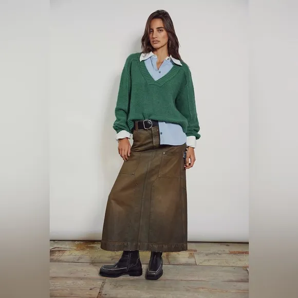 Free people Harmonica Coated Denim Maxi Skirt