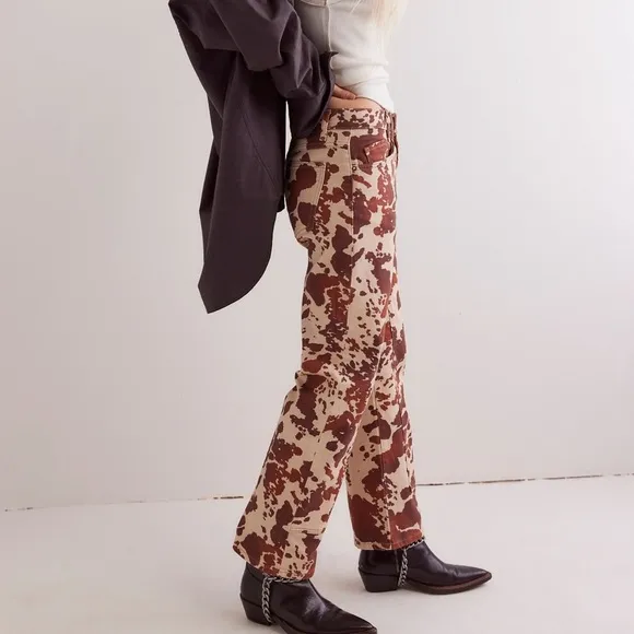 Free People Risk Taker Mid Rise Printed Jeans in Tea Combo-Cow Print