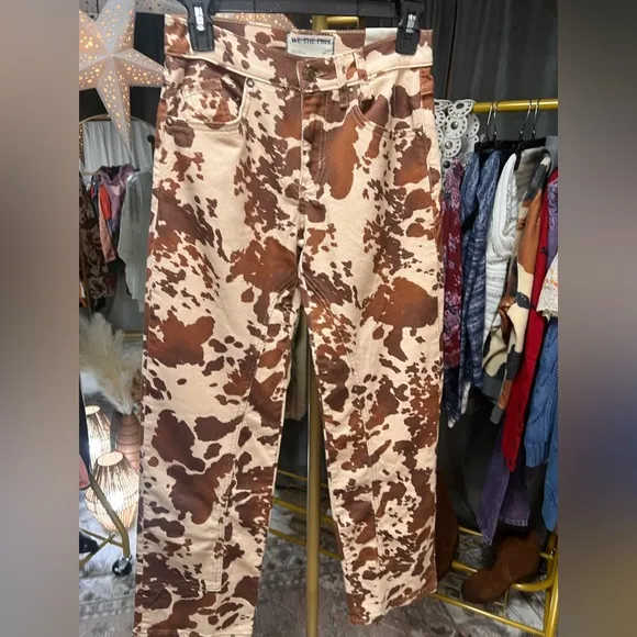 Free People Risk Taker Mid Rise Printed Jeans in Tea Combo-Cow Print