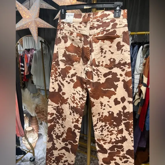 Free People Risk Taker Mid Rise Printed Jeans in Tea Combo-Cow Print