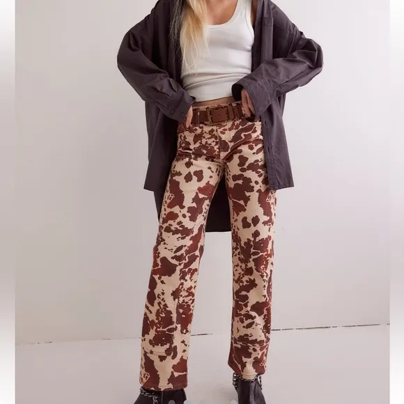 Free People Risk Taker Mid Rise Printed Jeans in Tea Combo-Cow Print