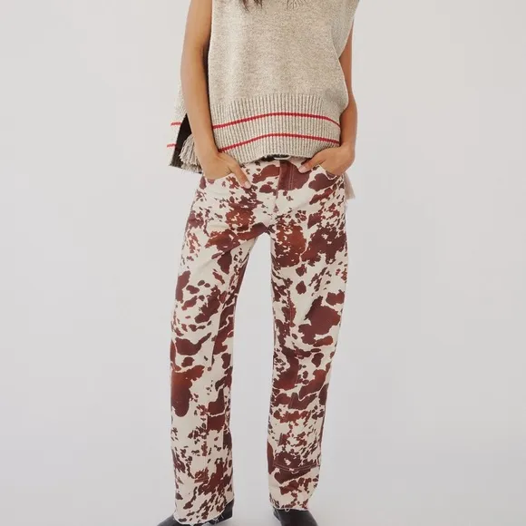 Free People Risk Taker Mid Rise Printed Jeans in Tea Combo-Cow Print