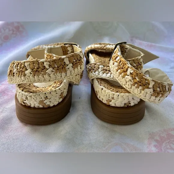Free People Roma Raffia Sandals Size 9 Boho Woven EUC Tan White Ankle