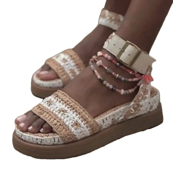 Free People Roma Raffia Sandals Size 9 Boho Woven EUC Tan White Ankle