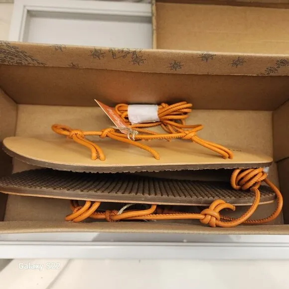 FREE PEOPLE So Strappy Sandals In Sunset Orange Leather Liner &amp; Cord Strap. 7.5
