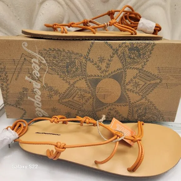 FREE PEOPLE So Strappy Sandals In Sunset Orange Leather Liner &amp; Cord Strap. 7.5