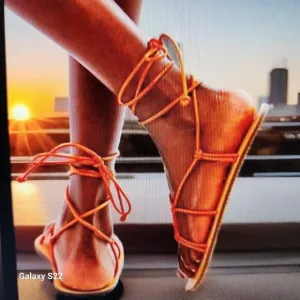 FREE PEOPLE So Strappy Sandals In Sunset Orange Leather Liner &amp; Cord Strap. 7.5