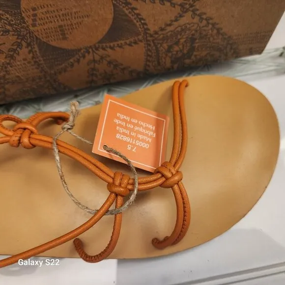 FREE PEOPLE So Strappy Sandals In Sunset Orange Leather Liner &amp; Cord Strap. 7.5