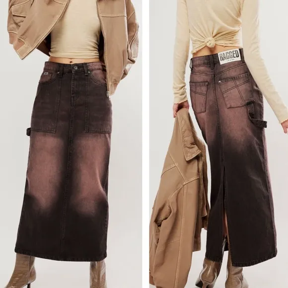 FREE PEOPLE THE  RAGGED PRIEST COCOA BROWN MAXI DENIM SKIRT OVERSIZED 6
